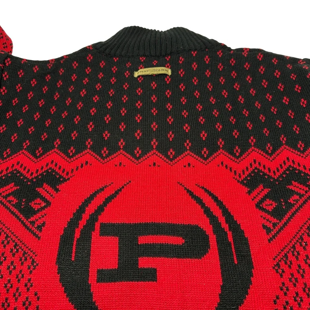 Phat Farm Mens‎ XL Red Black Fair Isle Knit 1/4 Zip Sweater Wool Blend